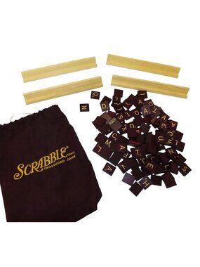 Scrabble Wooden Tile Set With Bag & Racks Replacement Pieces Arts Crafts